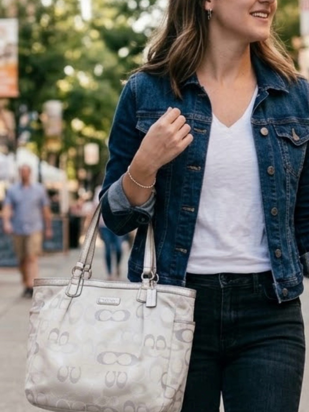 Coach Canvas Tote in Light Silver and Cream